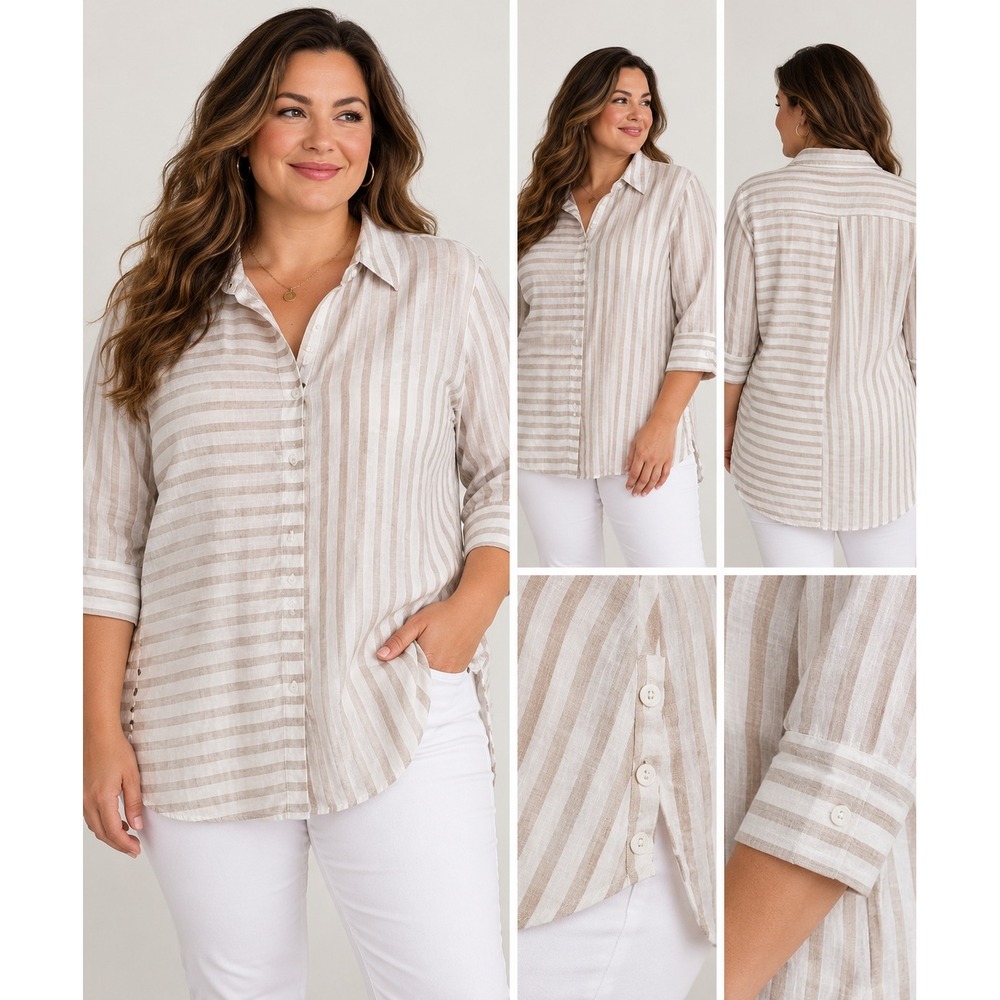 Chico's No Iron Linen Tunic Shirt Size 3.5 US 18 Beige Striped Button Front